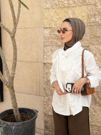 White Shirt with Bow Tie Neck & Gold Embroidery