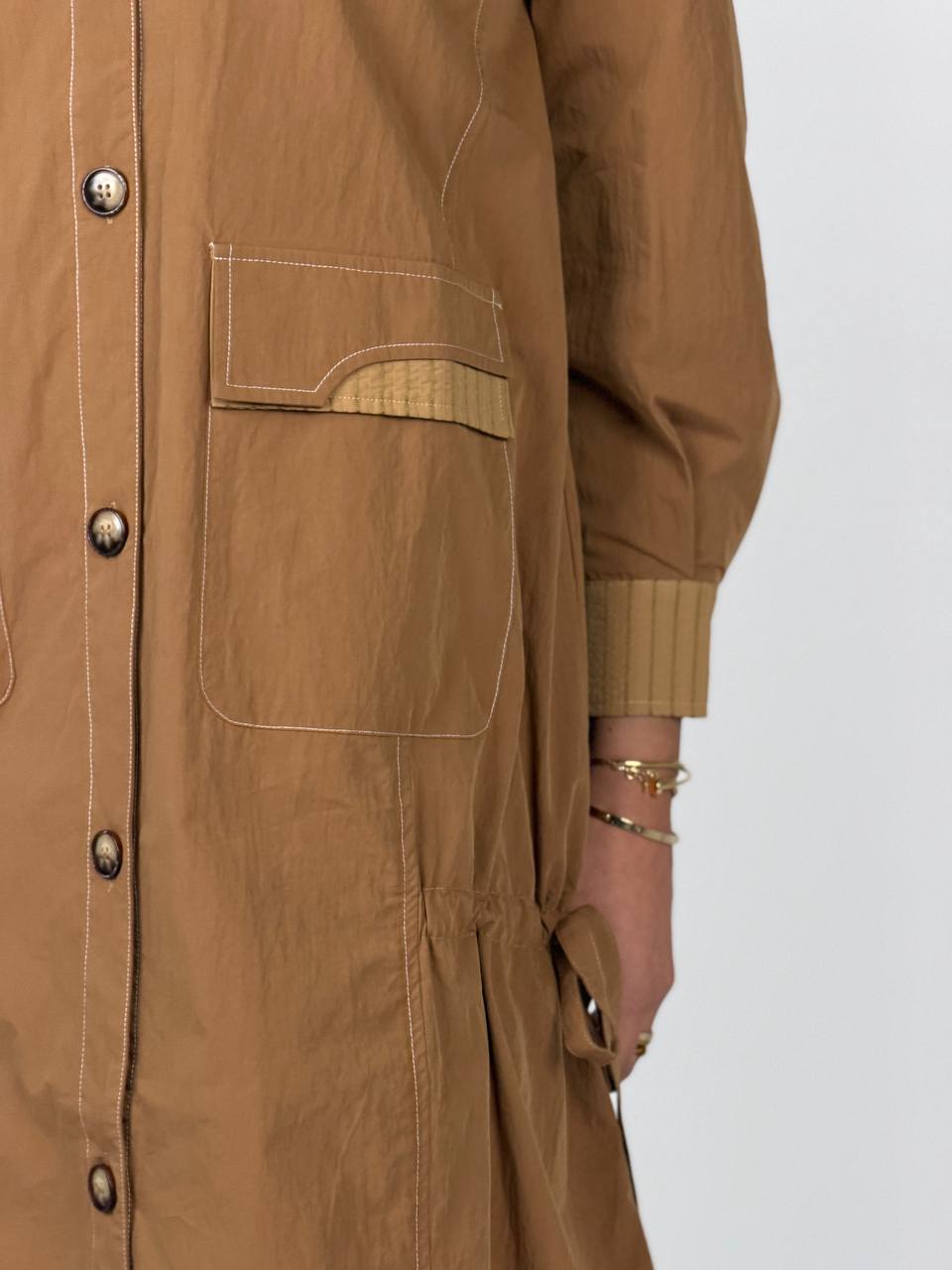 Tan Contrast Stitch Utility Long Shirt