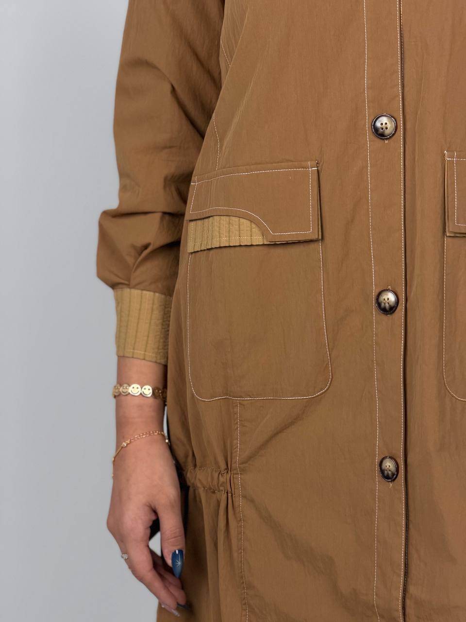 Tan Contrast Stitch Utility Long Shirt