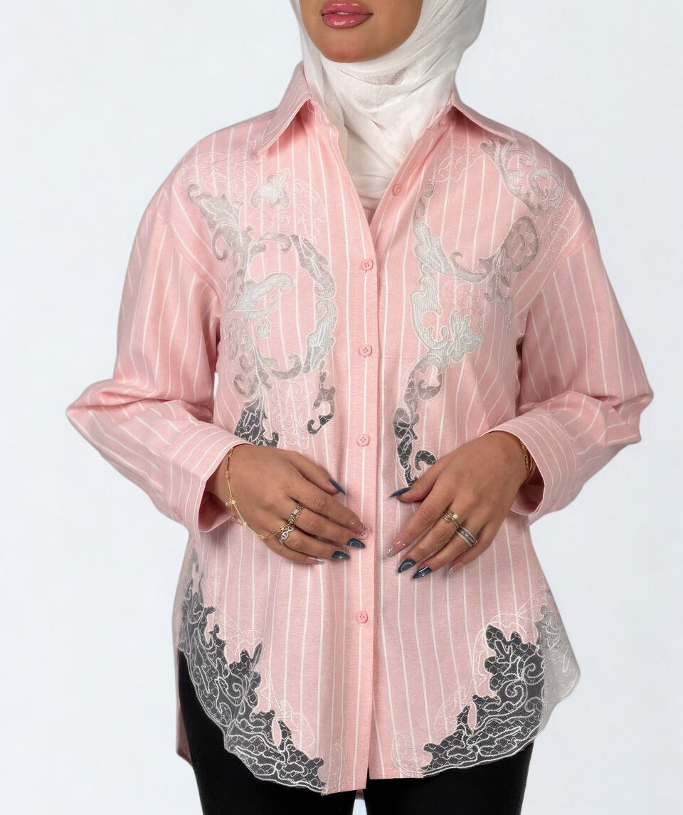 Stripe Sheer Embroidery Shirt