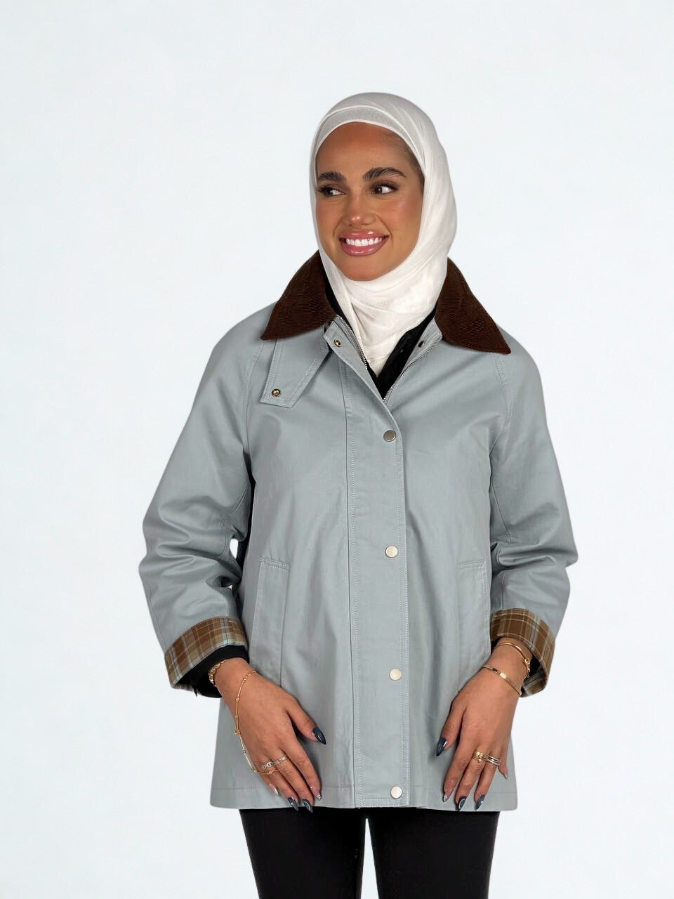 Velvet Collar Plaid-Cuff Jacket