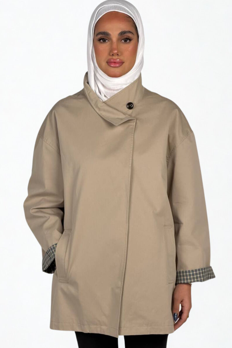 Beige Checkered Detail Snap-Collar Jacket