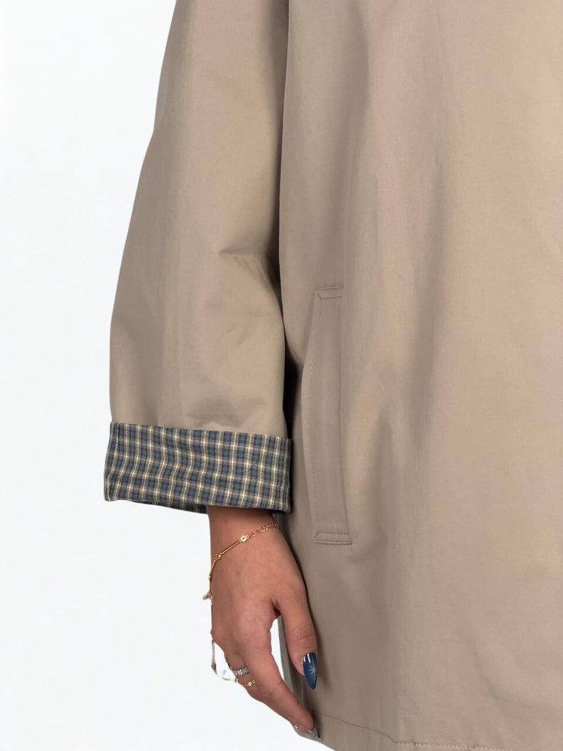 Beige Checkered Detail Snap-Collar Jacket