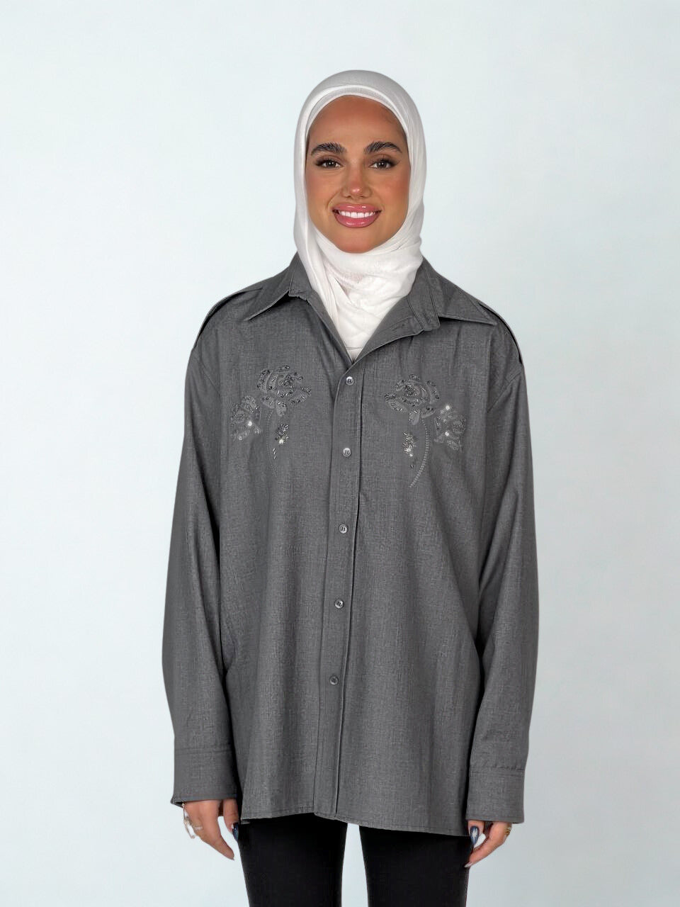 Grey Embroidered Sequin Floral Shirt