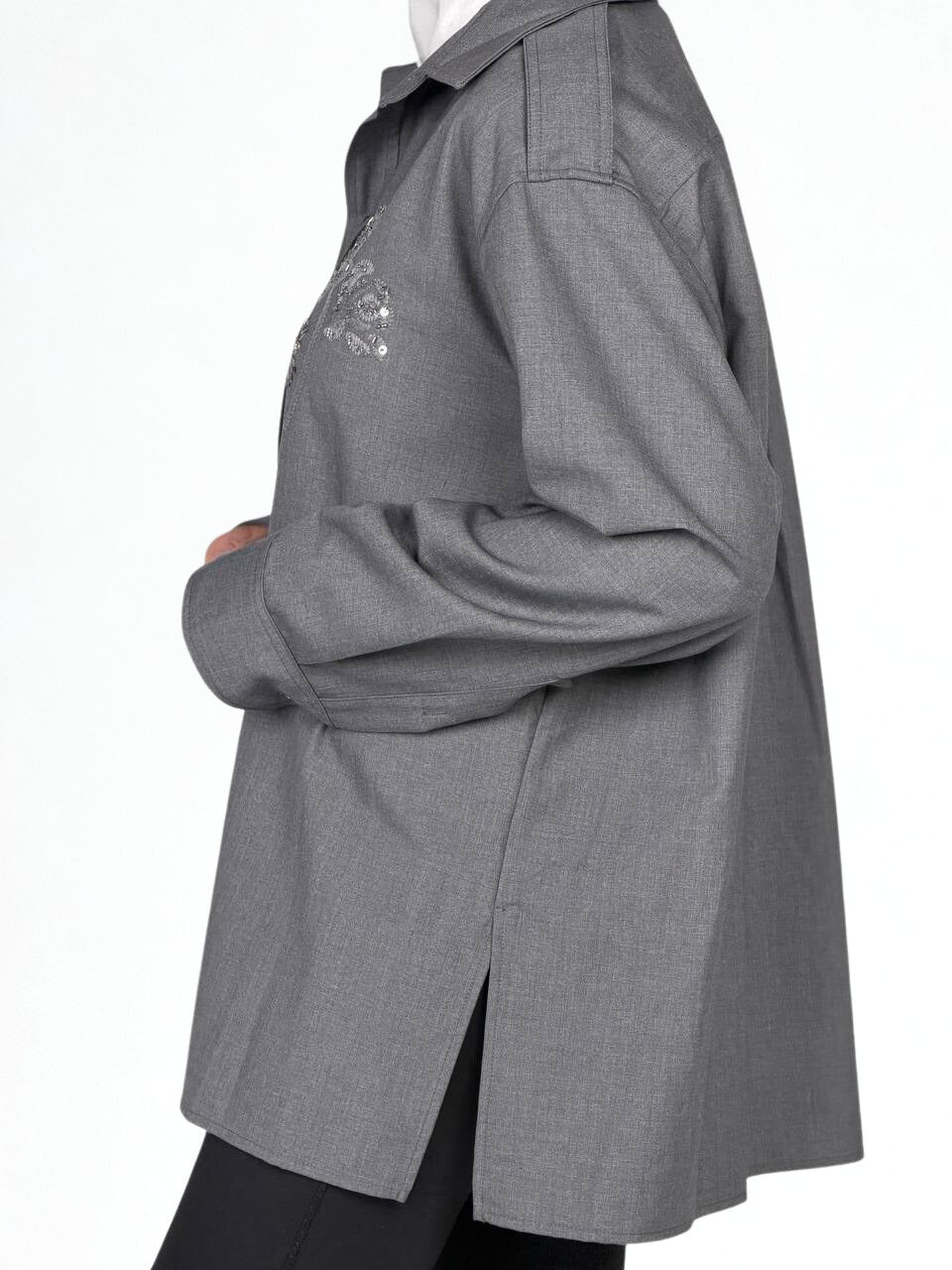 Grey Embroidered Sequin Floral Shirt