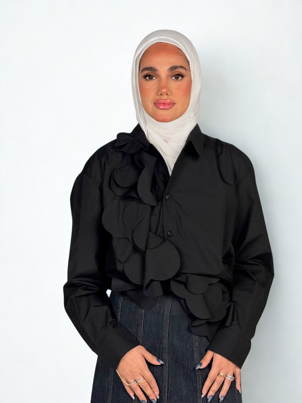 Black Layered Side Ruffle Shirt