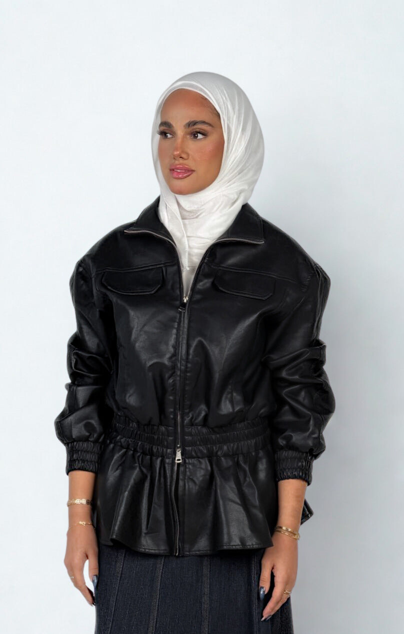 Black Faux Leather Peplum Bomber Jacket
