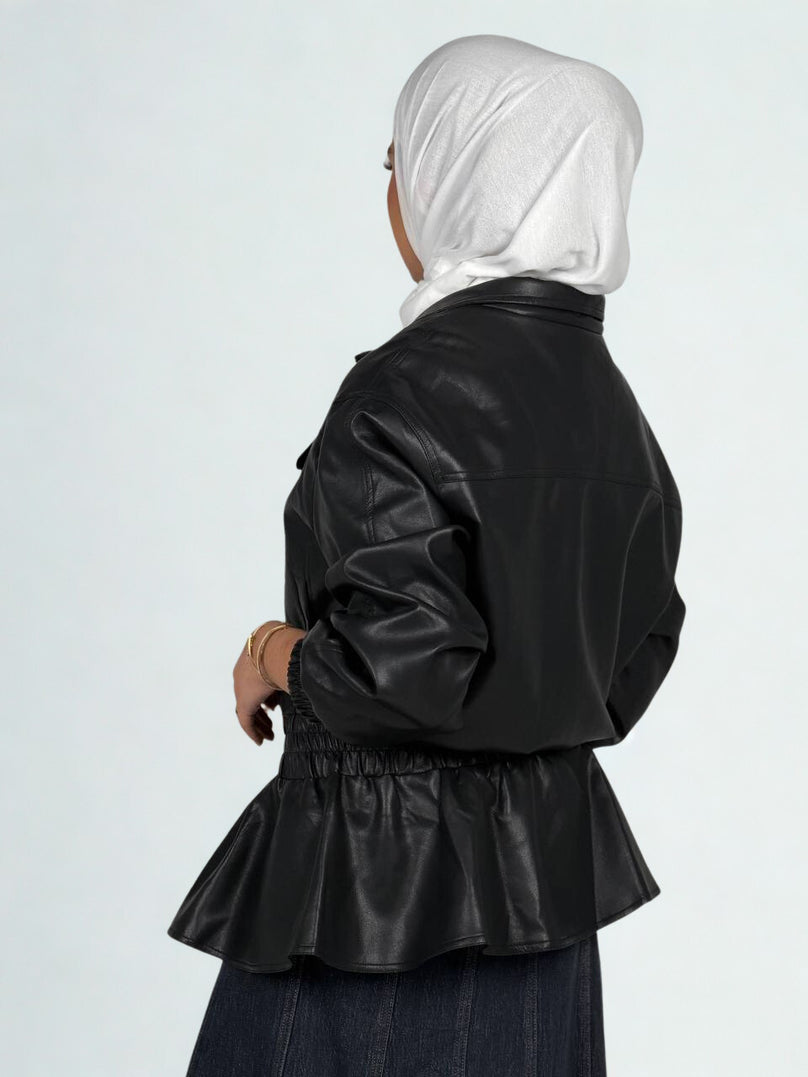 Black Faux Leather Peplum Bomber Jacket