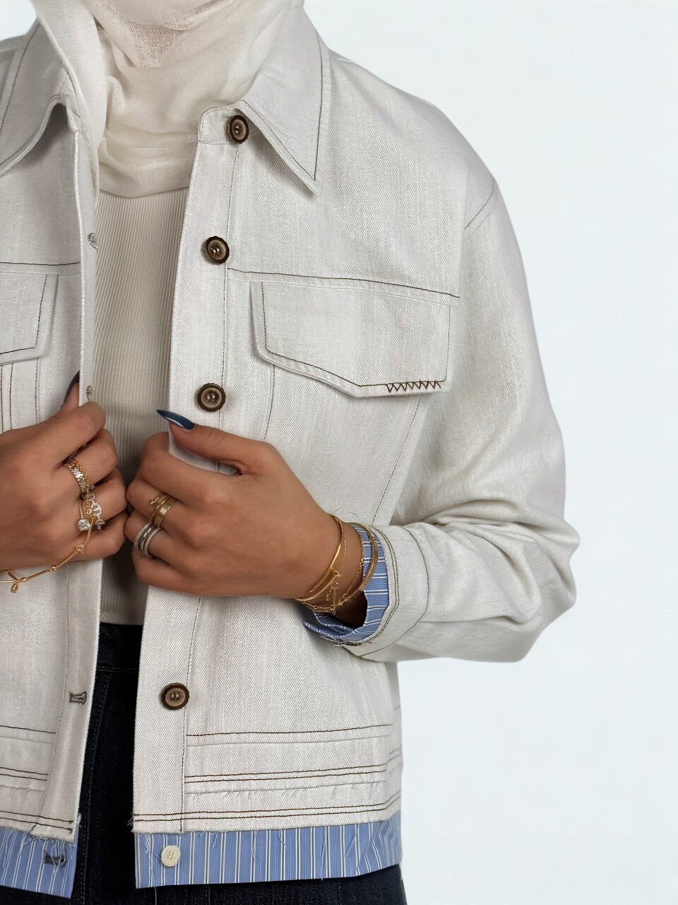 White Cropped Blue Stripe Cuff Jacket