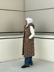 Long Brown Puffy Vest with Hood