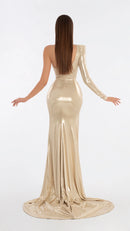 One Shoulder Sleeve Metallic Nude Dress