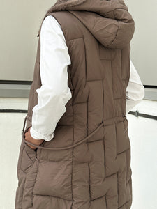 Long Brown Puffy Vest with Hood