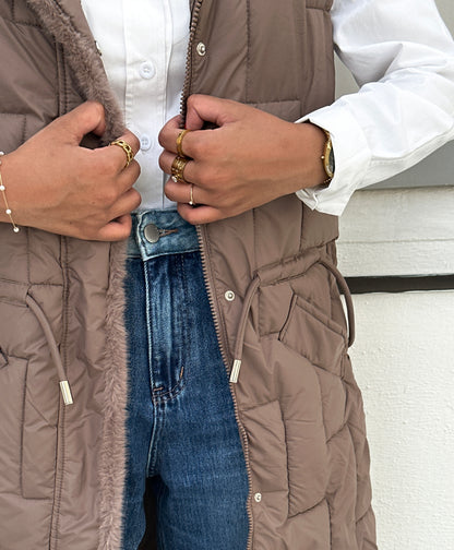 Long Brown Puffy Vest with Hood