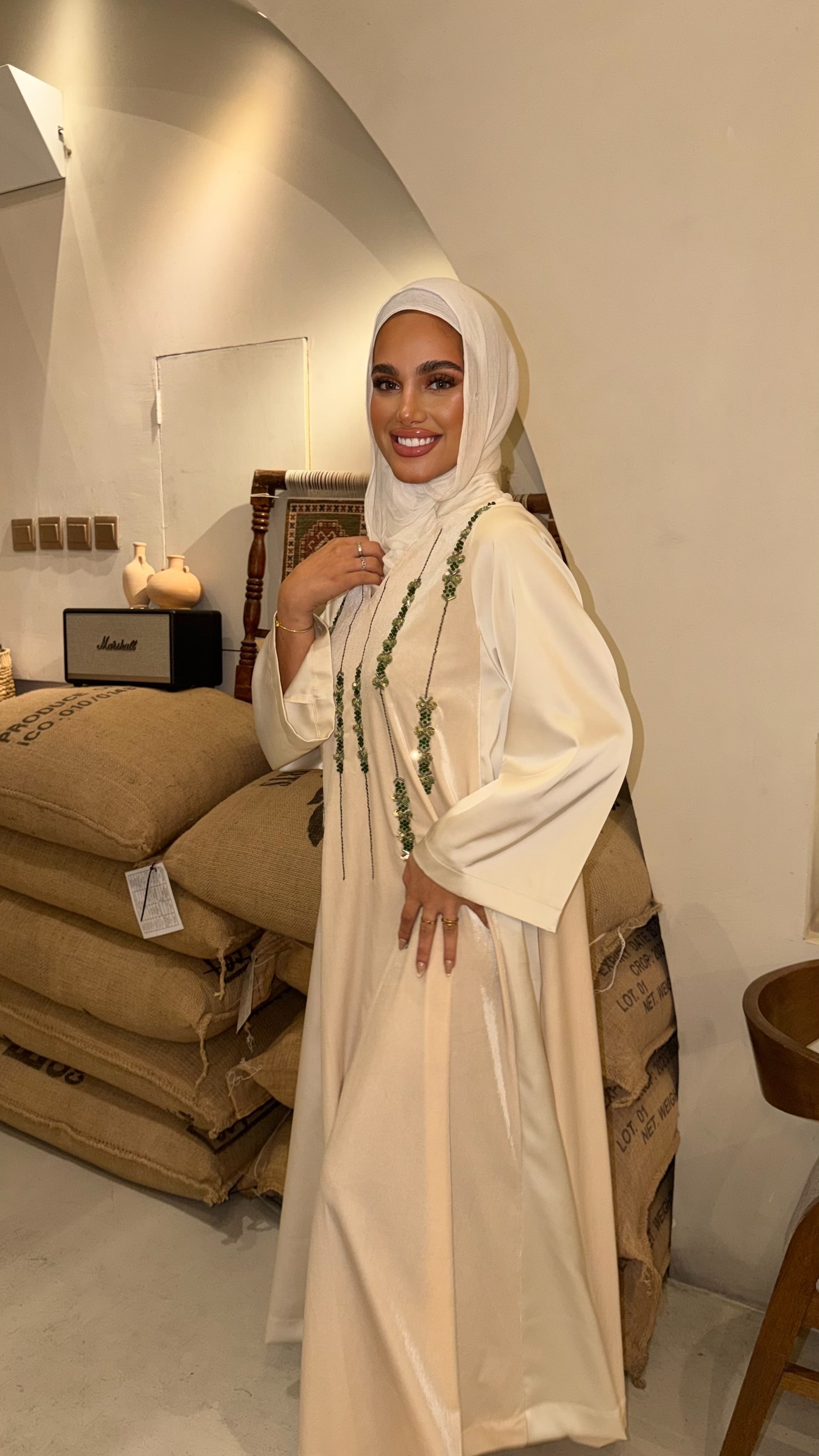 Beige Velvet Green Strass V-neck Daraa