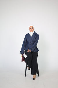 Denim Double-Breasted Jacket with Flared Peplum
