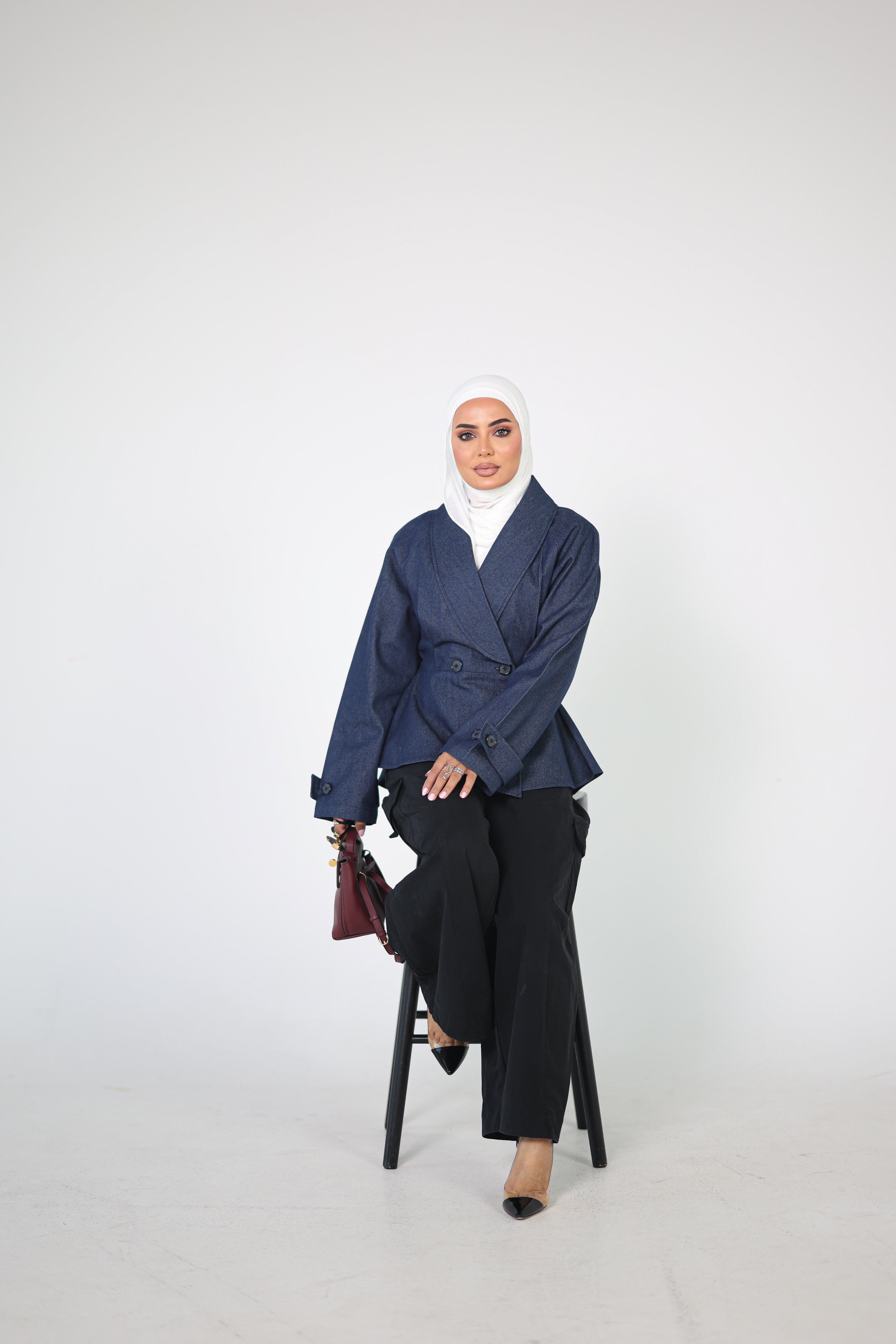 Denim Double-Breasted Jacket with Flared Peplum