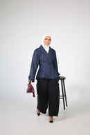 Denim Double-Breasted Jacket with Flared Peplum
