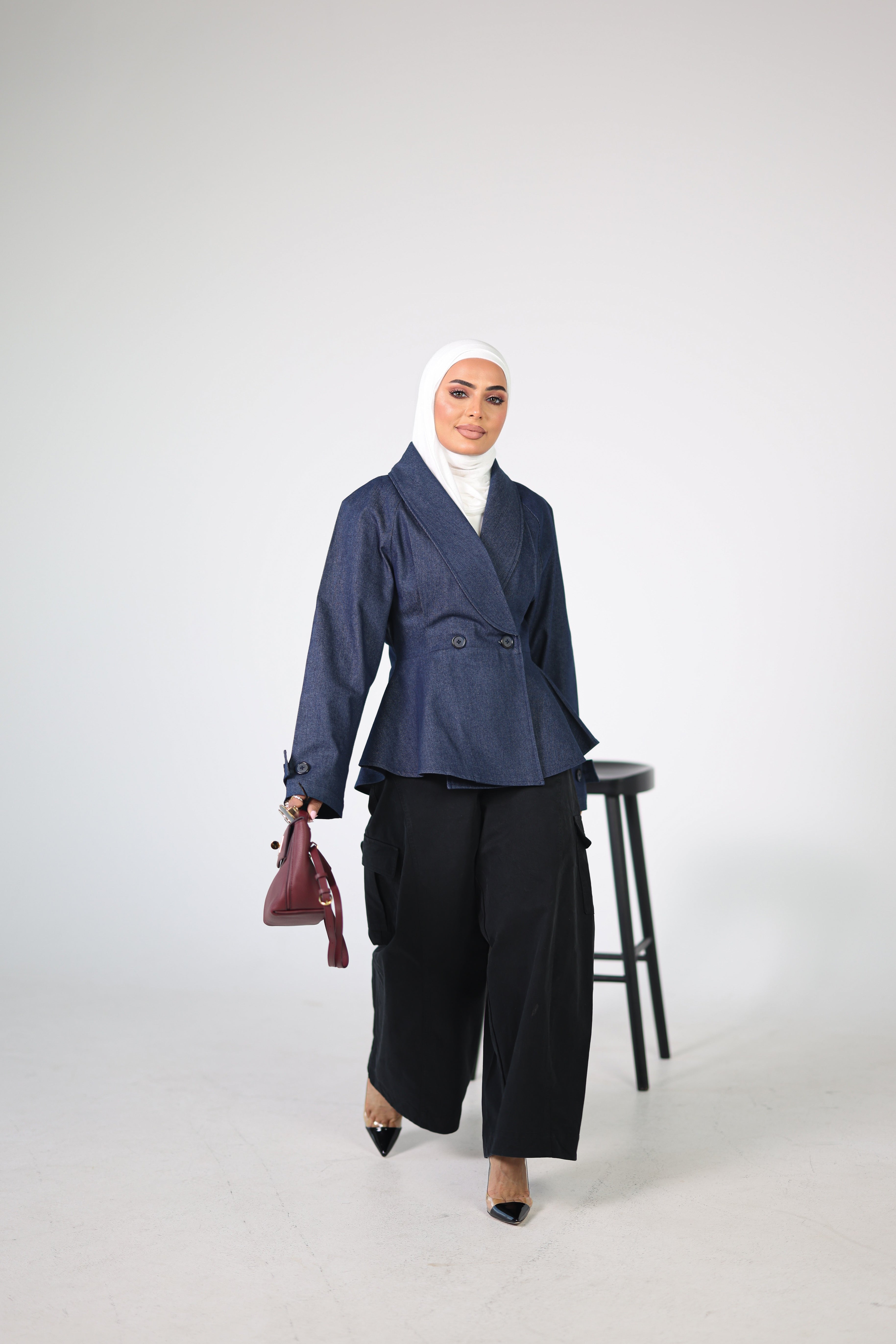 Denim Double-Breasted Jacket with Flared Peplum