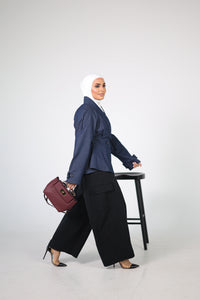 Denim Double-Breasted Jacket with Flared Peplum