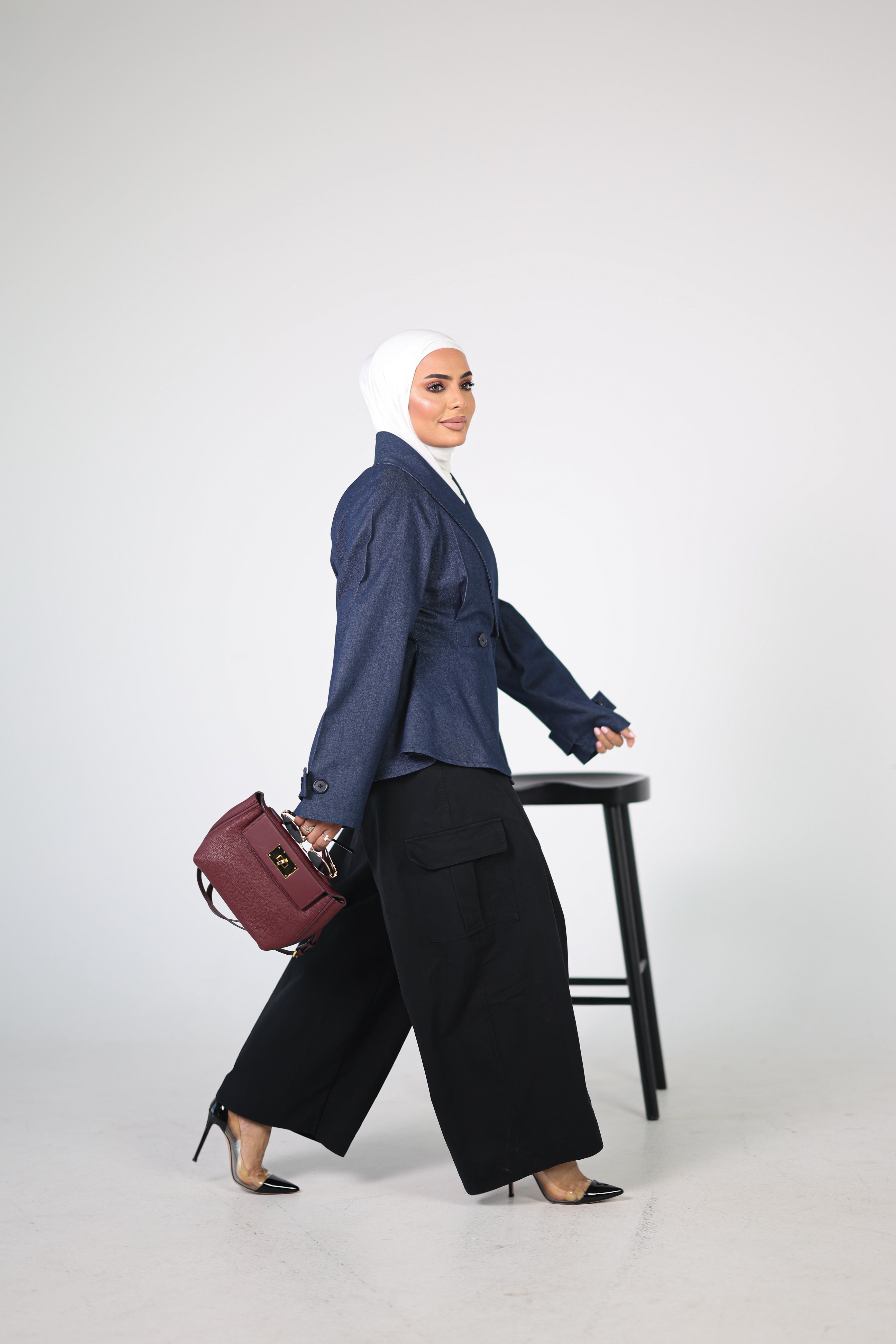 Denim Double-Breasted Jacket with Flared Peplum