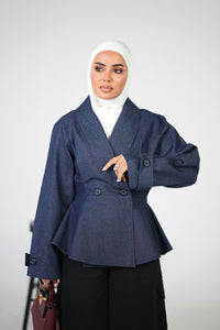 Denim Double-Breasted Jacket with Flared Peplum