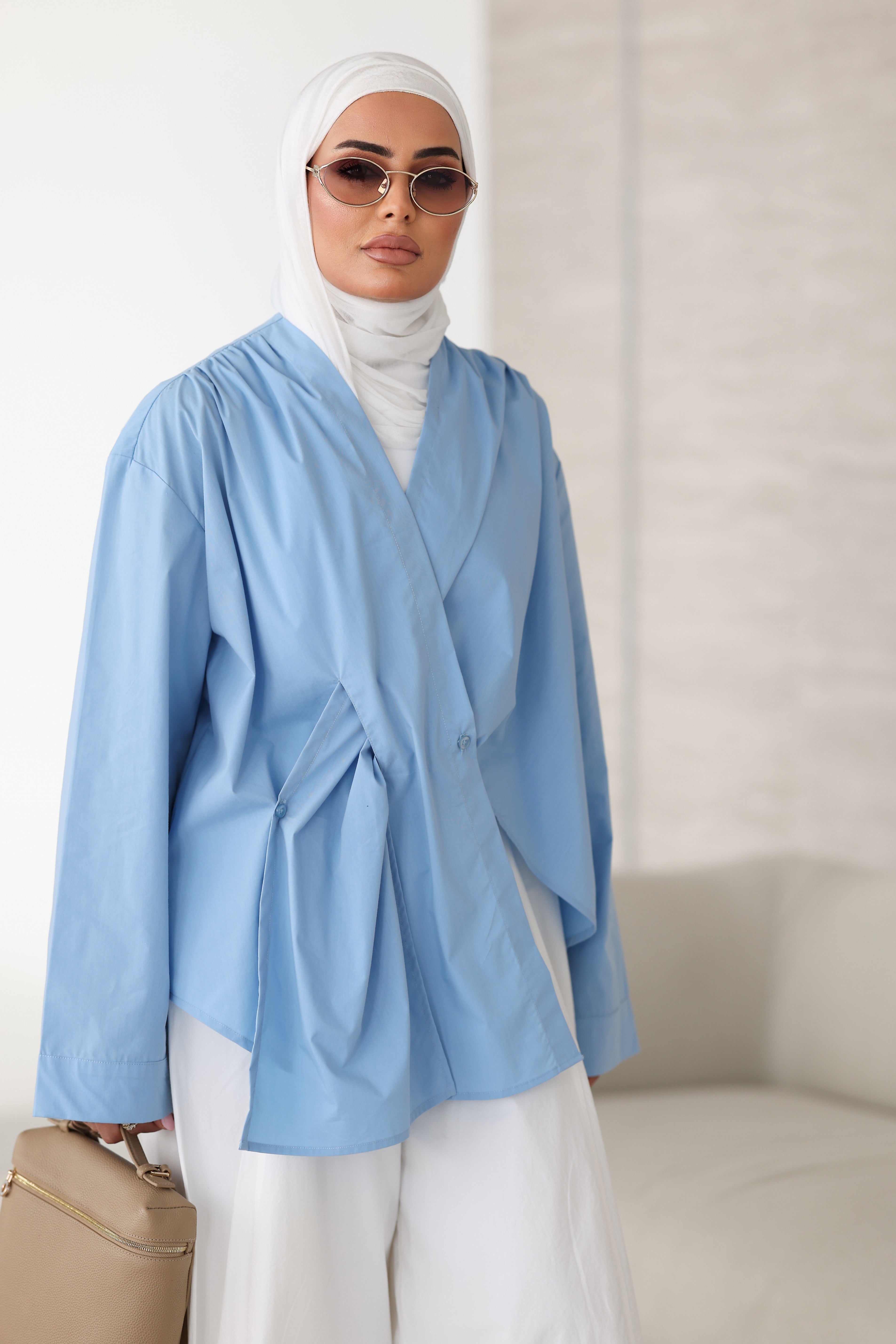 Crossover Pleated V-neck Blouse