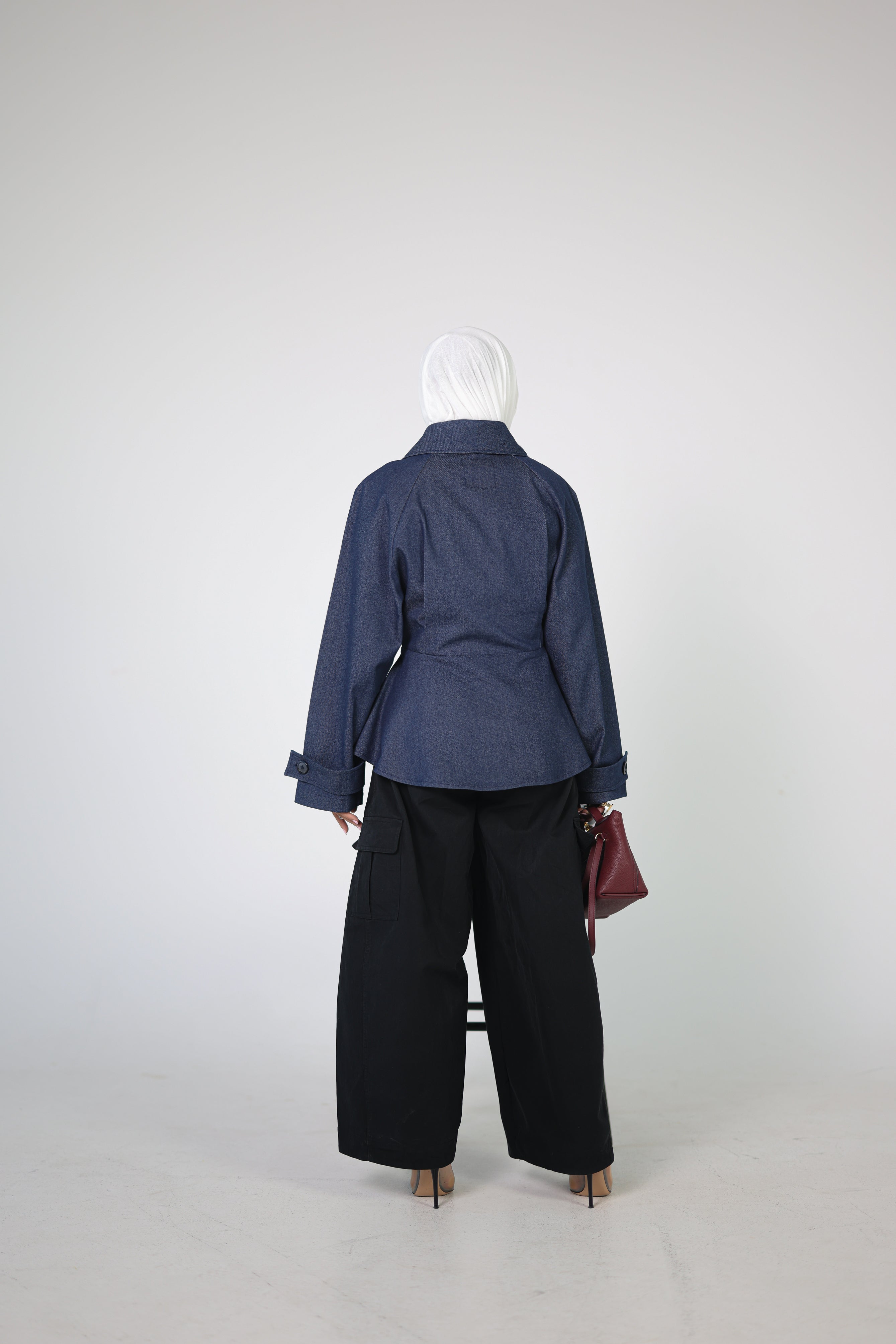Denim Double-Breasted Jacket with Flared Peplum