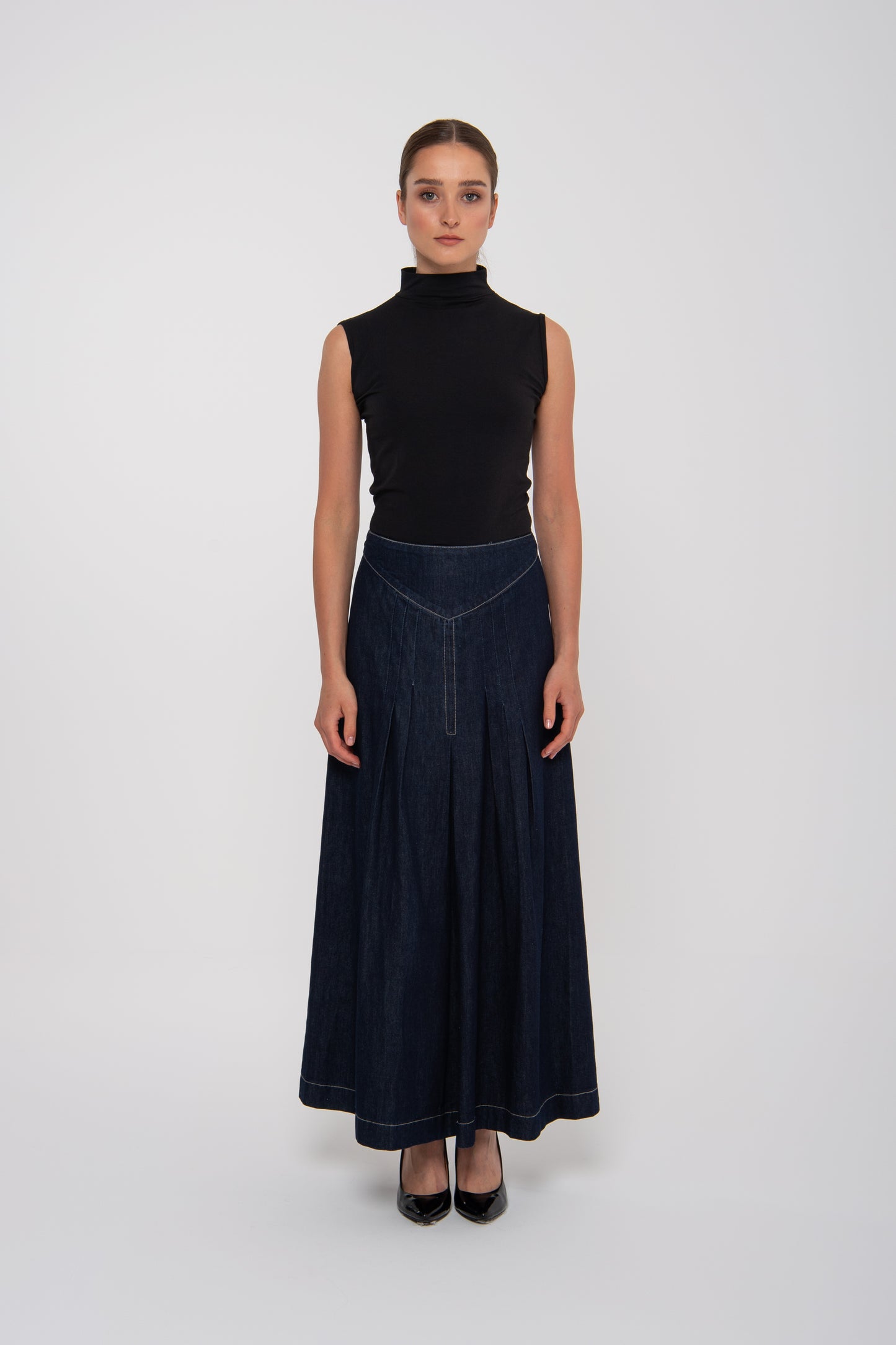 Dark Jeans Wide Pleated Long Skirt