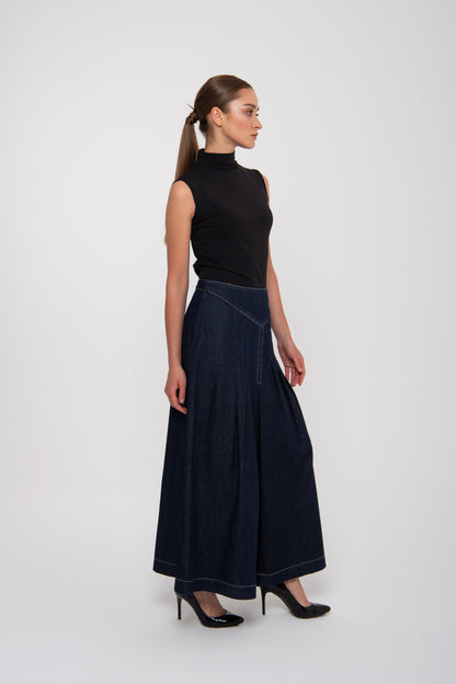 Dark Jeans Wide Pleated Long Skirt