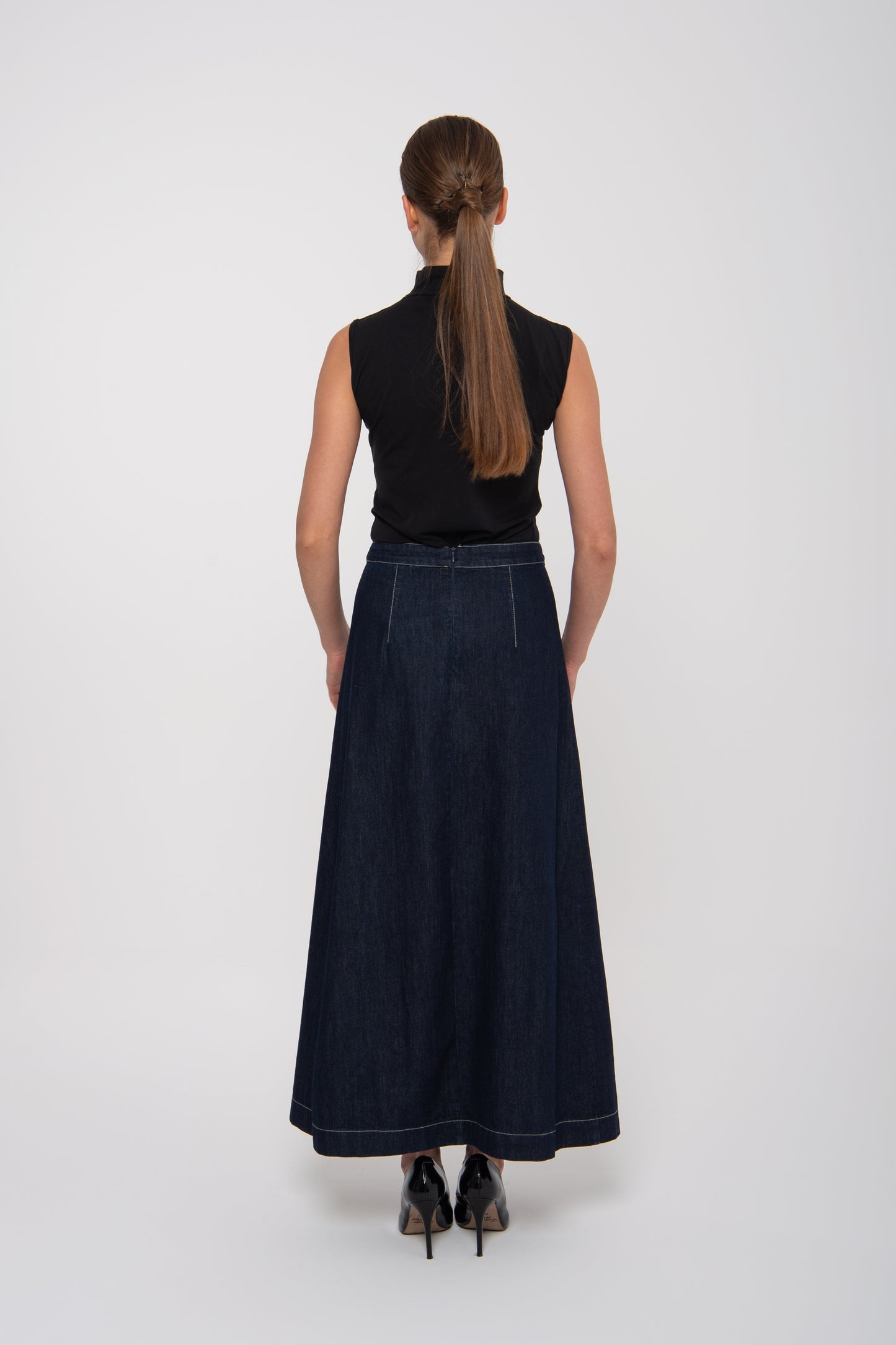 Dark Jeans Wide Pleated Long Skirt