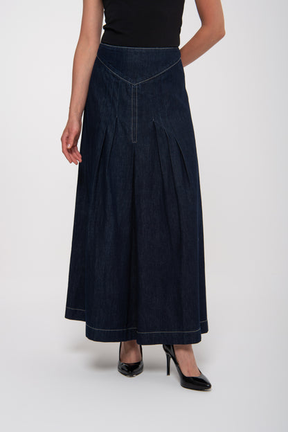 Dark Jeans Wide Pleated Long Skirt