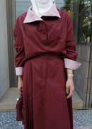 Burgundy Striped-Collar Flowy Set