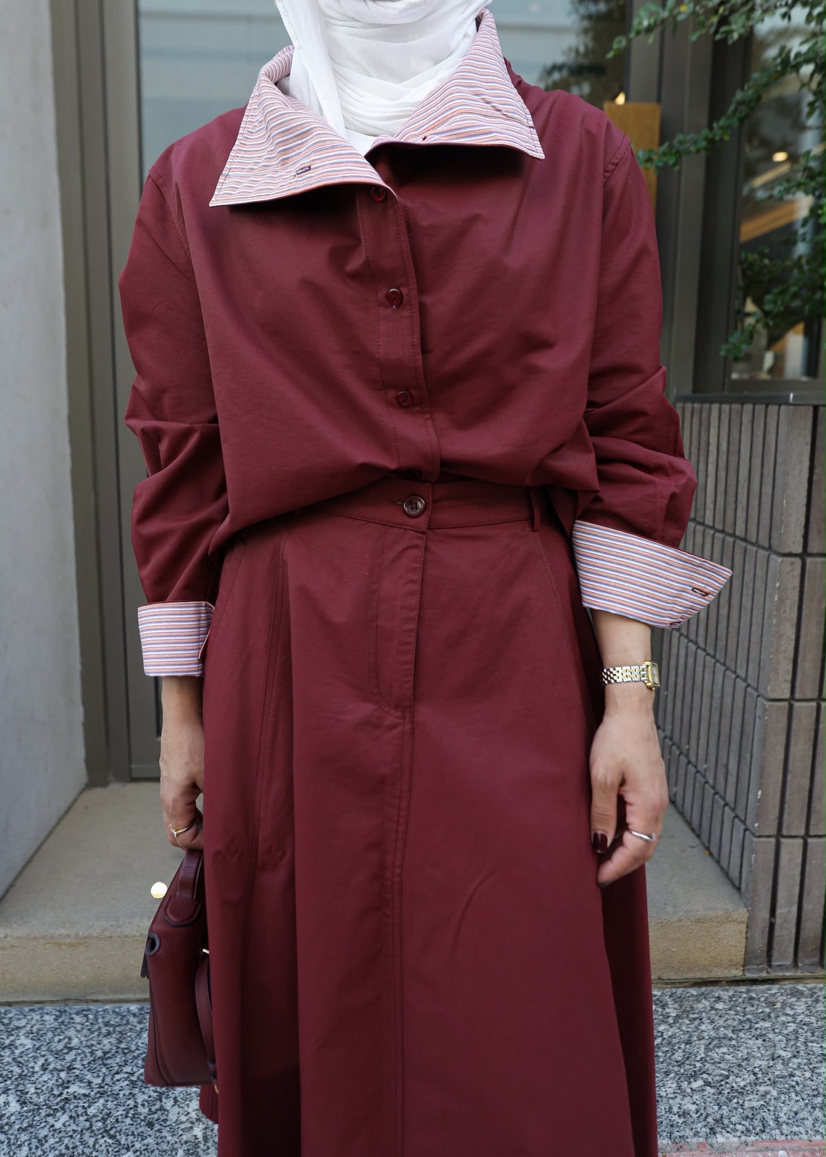 Burgundy Striped-Collar Flowy Set