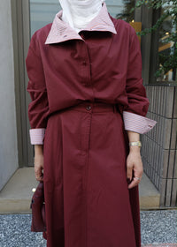 Burgundy Striped-Collar Flowy Set