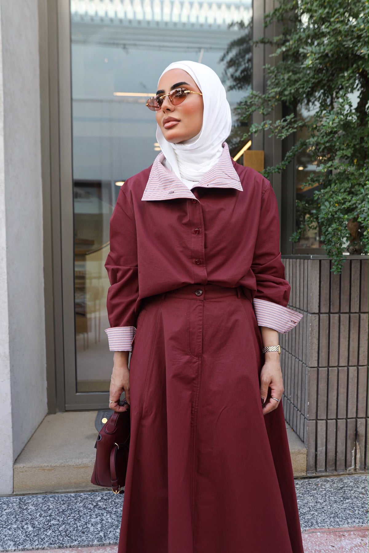 Burgundy Striped-Collar Flowy Set