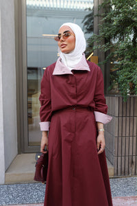 Burgundy Striped-Collar Flowy Set